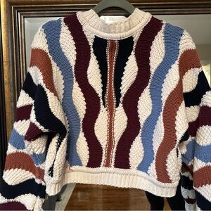 ba&sh Cream and Blue Crew Neck Sweater with Geometric Pattern